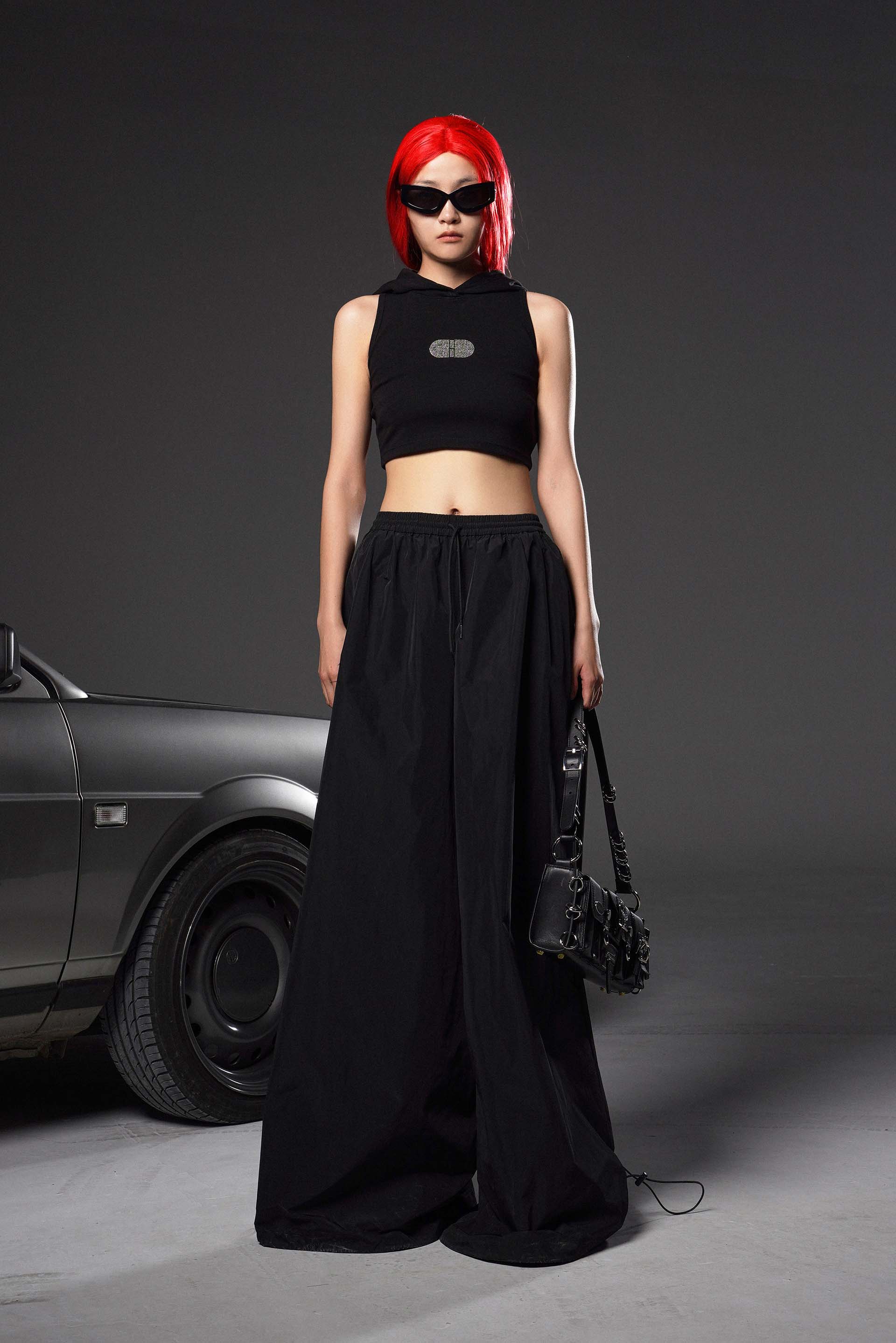 「JUNCTION」LOCK HOT DRILL WITH HAT VEST+SPORTS WIDE -LEG SKIRT PANTS