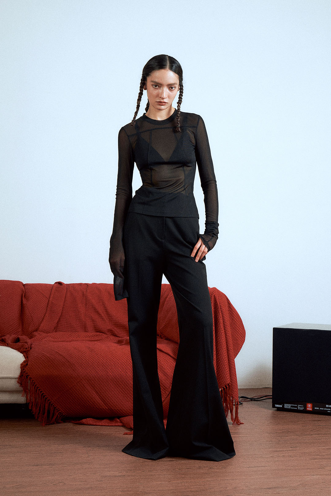 Micro-transparent split slim long sleeves+Knitted stretch tight flared pants