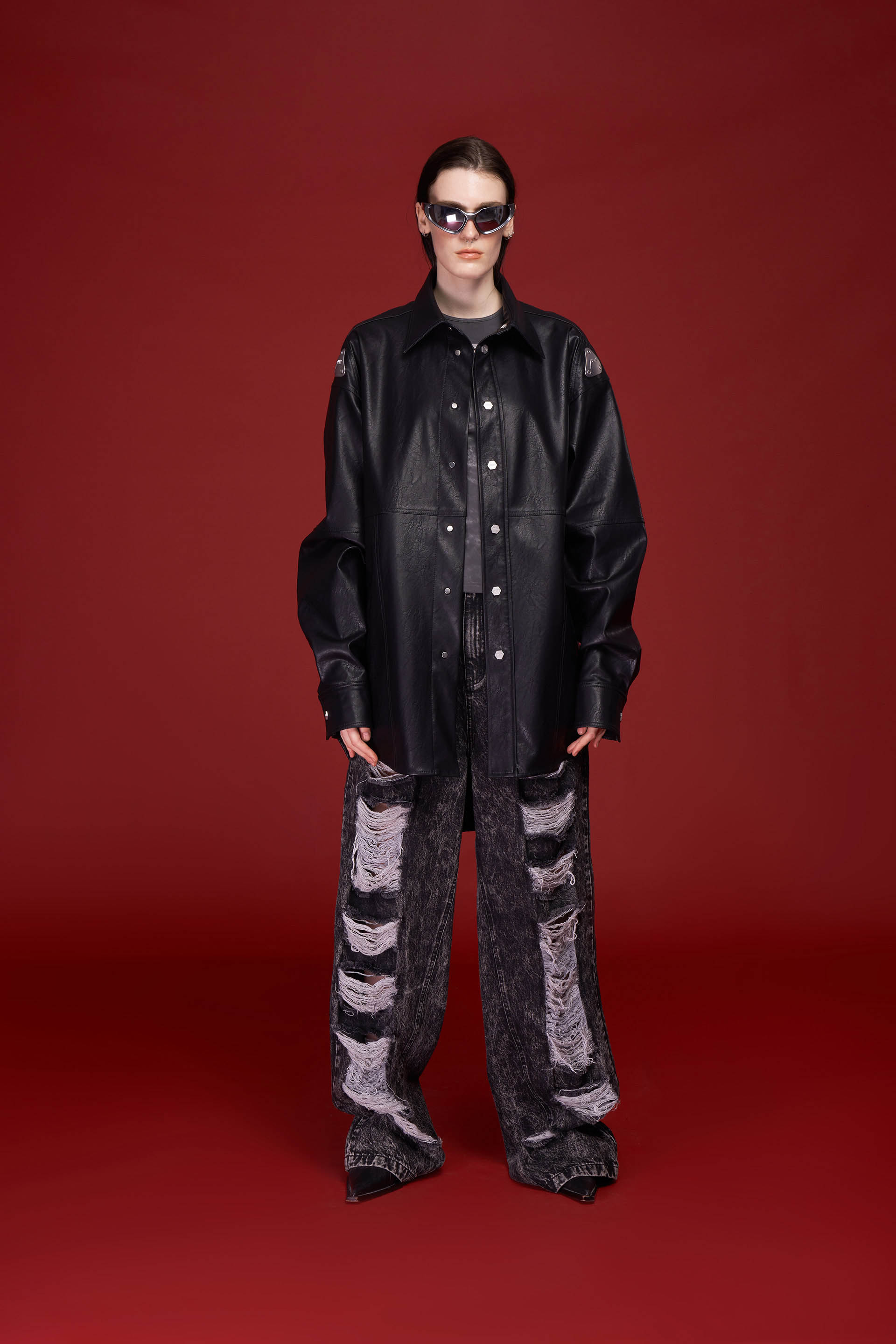 「REBEL」  METAL SHOULDER CHAPTER ENVIRONMENTALLY FRIENDLY LEATHER SHIRT JACKET